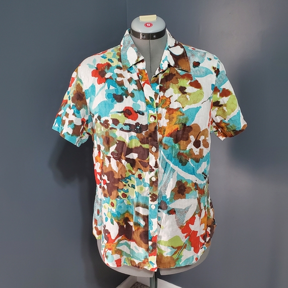 Tommy Bahama Tops - Tommy Bahama 100% Linen Multicolor Floral Short Sleeve Shirt Women's Size Large